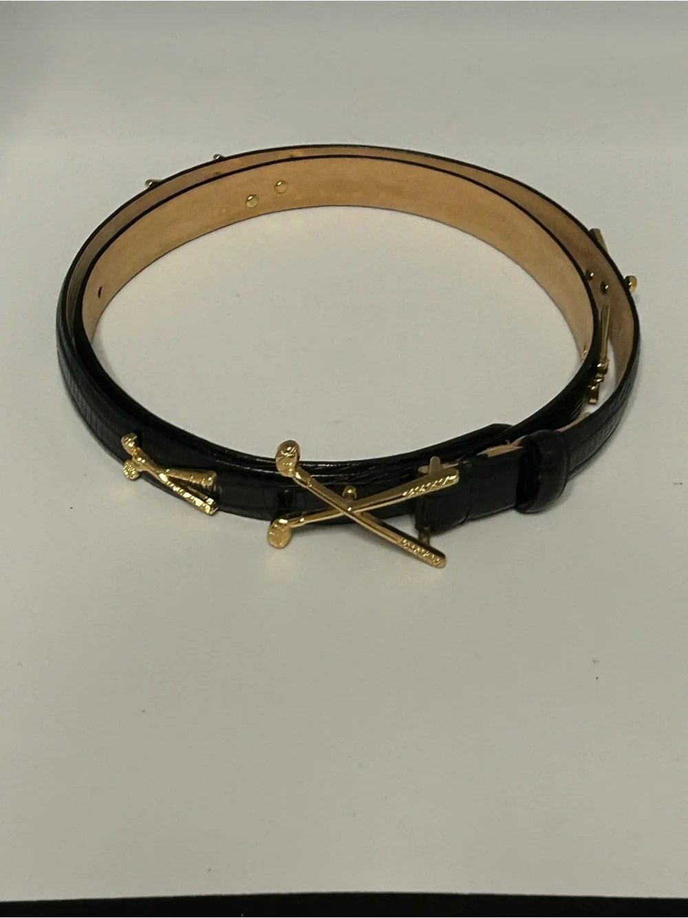 Black Leather Women's Belt with Gold Golf Club Motif
